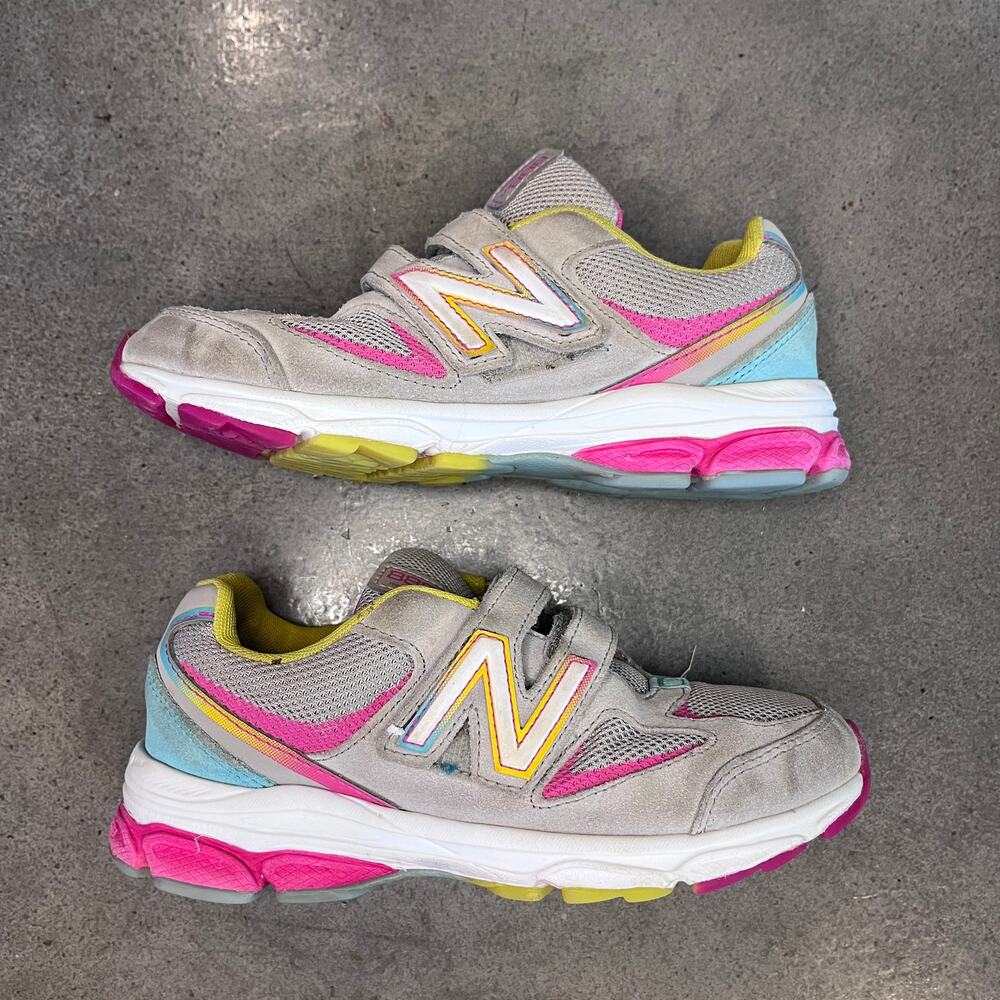 New Balance Gray pink yellow suede no lace sneakers Youth girls 2 athletic shoes